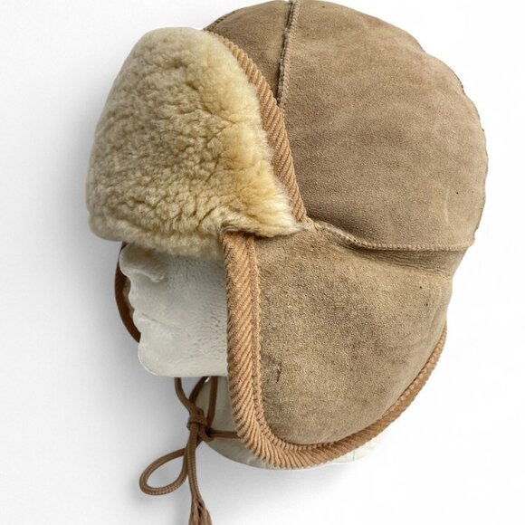 Vintage Shearling Sheepskin Aviator Trapper Canada Made Crown Cap Hat Medium - Picture 7 of 12
